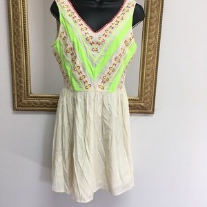 Ark & Co embroidered dress neon coral Ivory fit and flare mini boho
